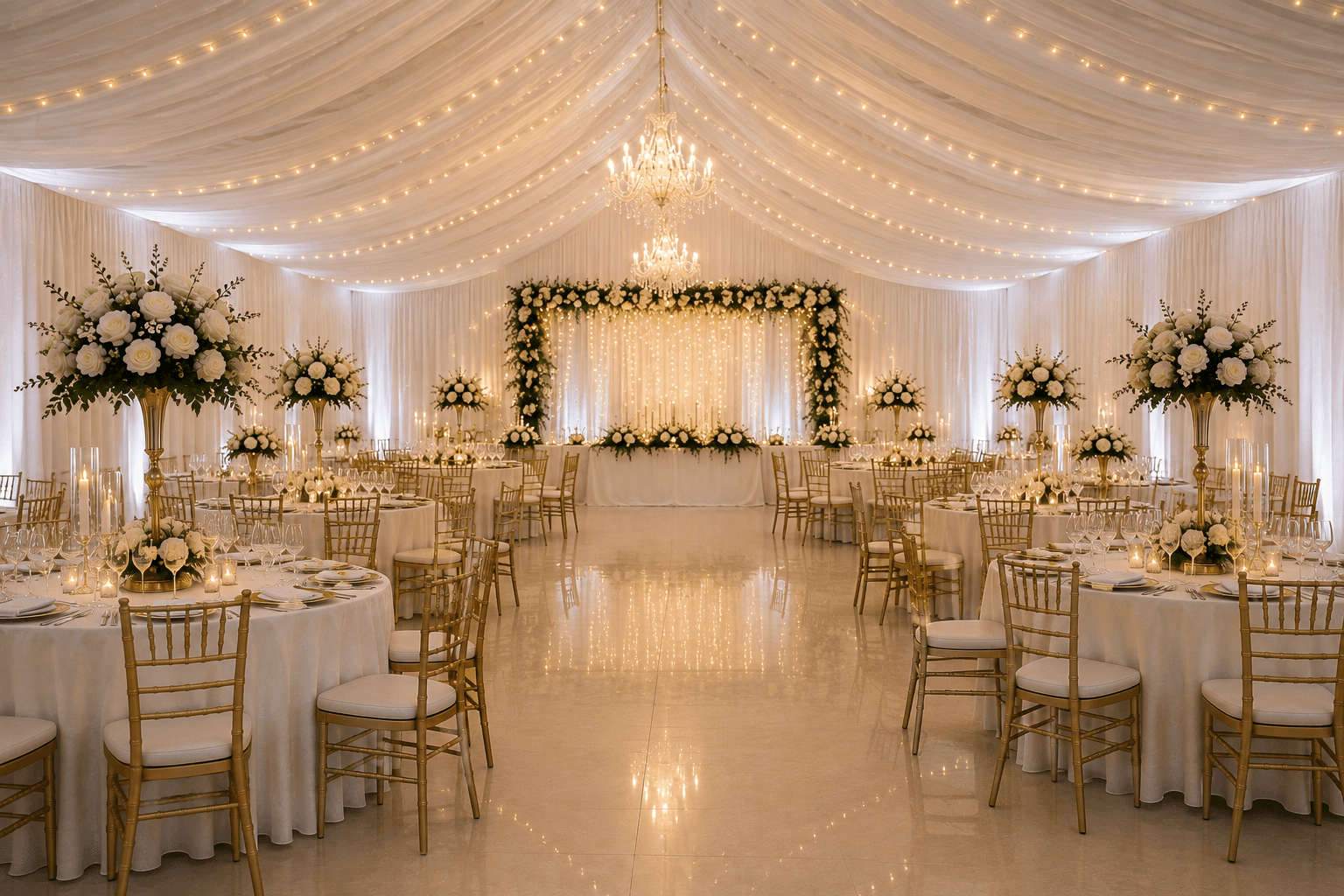 Symmetrical tent reception with warm string lights, gold chairs on both sides and a floral head-table backdrop at the vanishing point