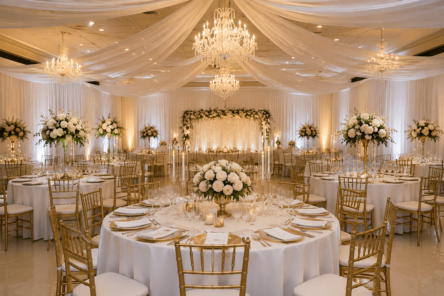 Happy Day Services reception hall — round tables with white linens, gold Chiavari chairs, crystal chandeliers, ceiling drapery and tall white floral centrepieces