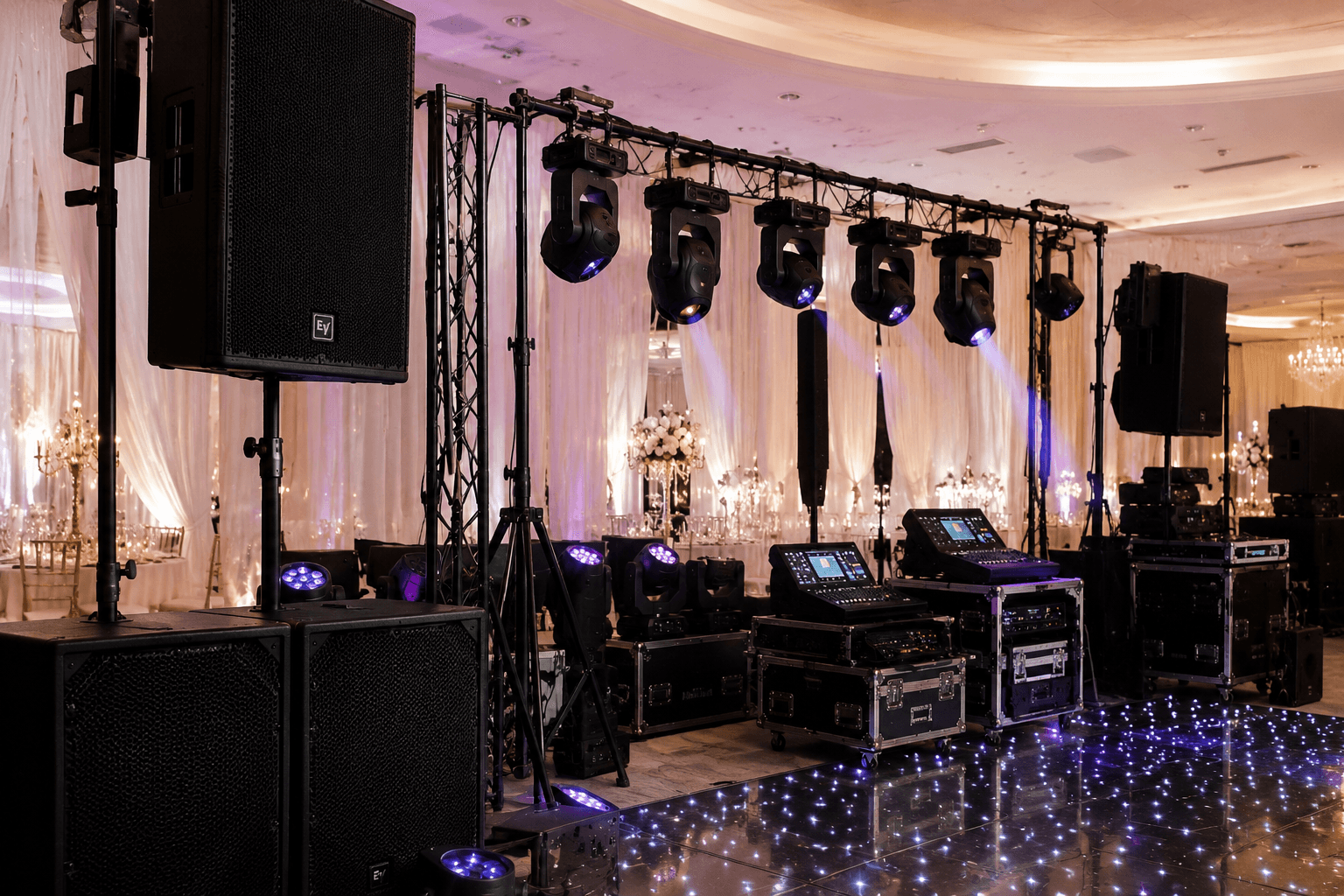 Professional Happy Day sound and lighting rig — tower speakers, moving-head lights on truss, mixing consoles and monitor wedges set up for an event