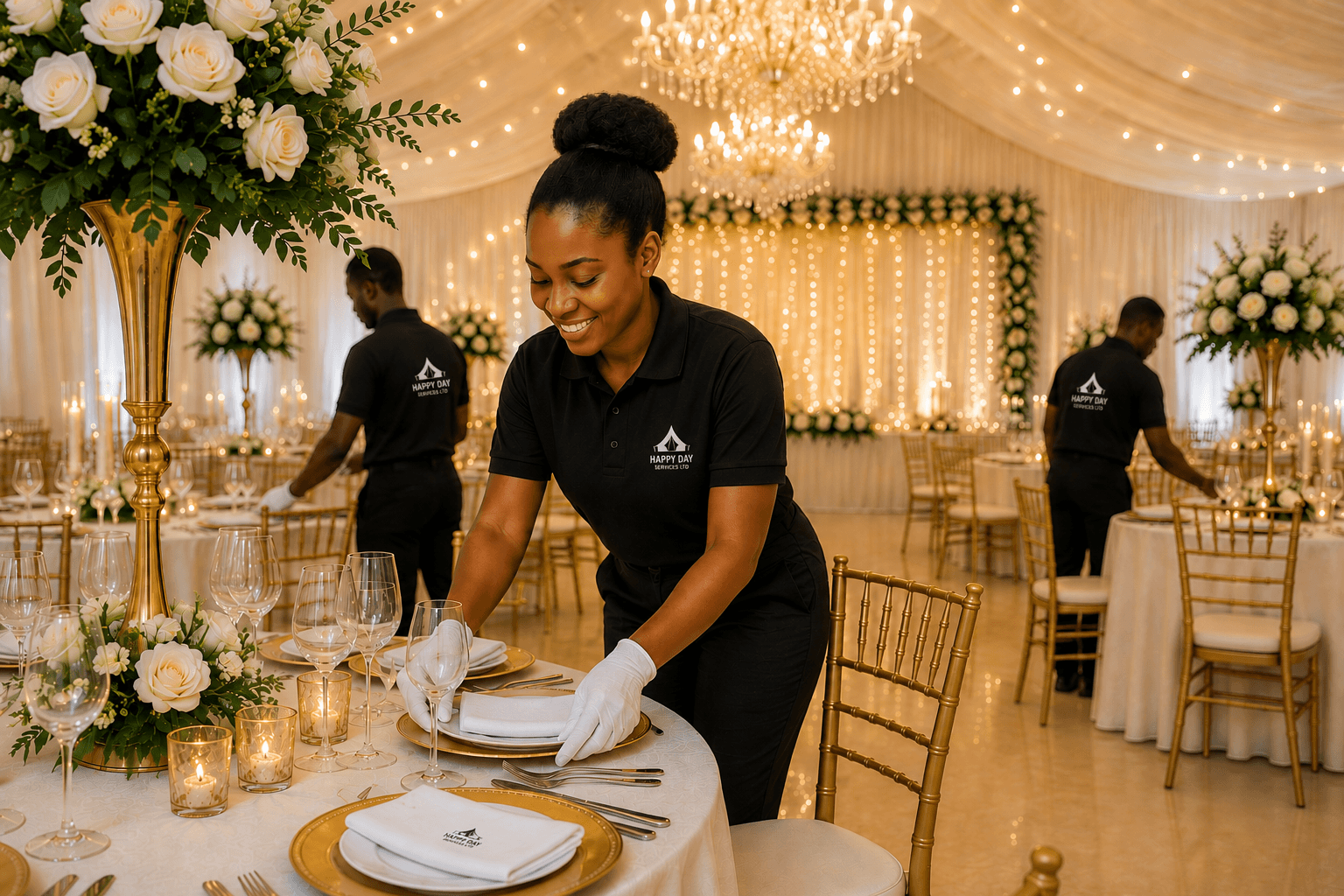 Happy Day Services staff in branded uniforms setting up an elegant event table with gold place settings